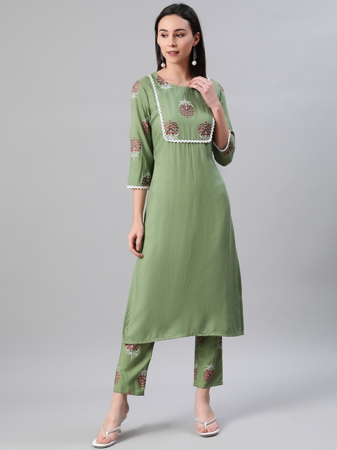 

ZIYAA Women Green Yoke Design Kurta with Trousers
