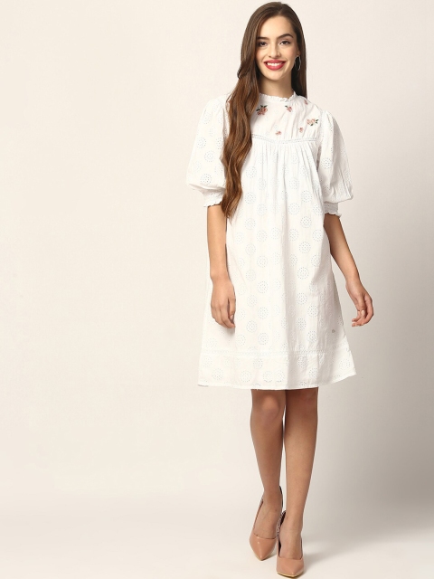 

ELLE Women White Embroidered A-Line Dress