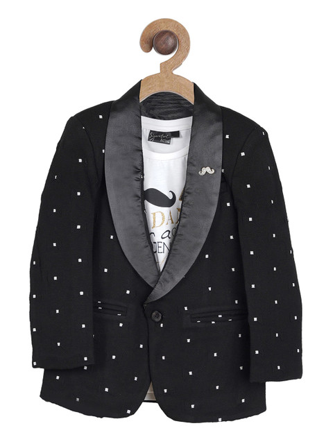 

Actuel Boys Black & White Self Design Satin Corduroy Single-Breasted Blazer With T-Shirt