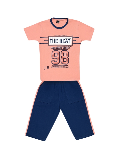 

Todd N Teen Boys Peach-Coloured & Navy Blue Printed T-shirt with Capris