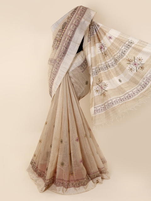 

Pothys Cream-Coloured Embroidered Jute Cotton Saree