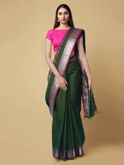 

Unnati Silks Green Pure Cotton Solid Chettinad Saree