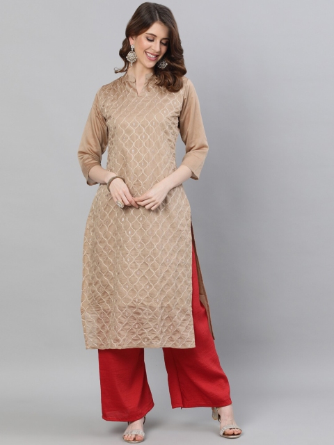 

Ishin Women Beige & Red Ethnic Motifs Embroidered Pure Silk Kurta with Palazzos