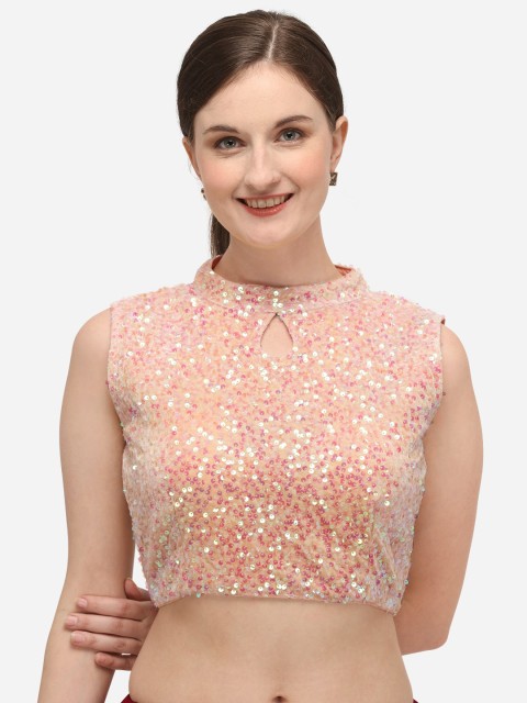 

Fab Dadu Women Peach-Coloured Sequinned Velvet Saree Blouse