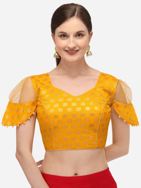 

Fab Dadu Women Yellow & Gold-Coloured Woven Design Jacquard Readymade Saree Blouse