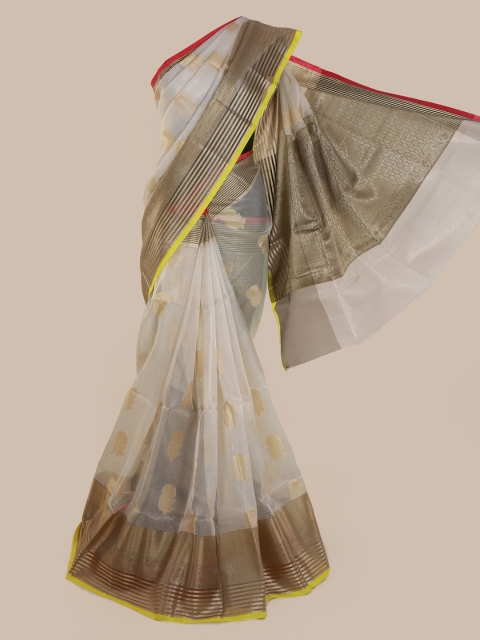 

Pothys White & Gold-Toned Cotton Blend Woven Design Saree