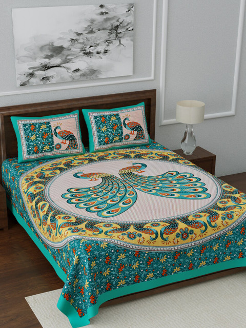 

LIVING ROOTS Sea Green & White Ethnic Motifs 144 TC Cotton Queen Bedsheet &2 Pillow Covers