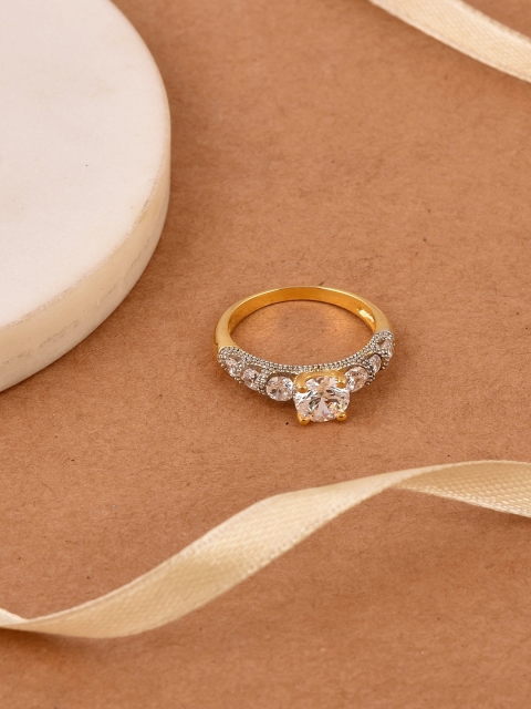 

Tistabene Gold-Plated White Artificial Stone-Studded Solitaire Finger Ring
