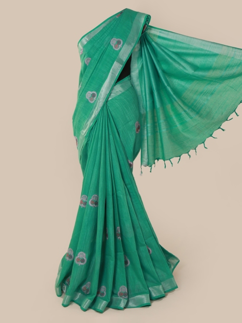 

Pothys Green & Silver-Toned Linen Blend Woven Design Saree