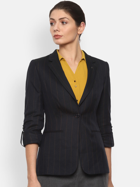 

Van Heusen Woman Women Black Striped Single-Breasted Formal Blazer