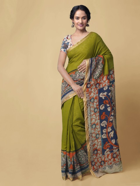 

Unnati Silks Green & Blue Pure Cotton Printed Kanjeevaram Saree