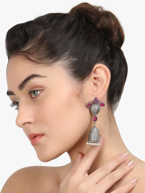 

Adwitiya Collection Silver-Toned Contemporary Jhumkas