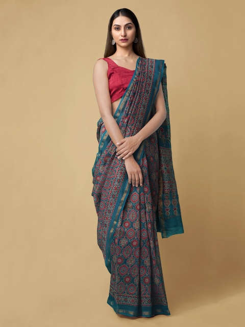 Unnati Silks Blue Silk Cotton Printed Chanderi Saree