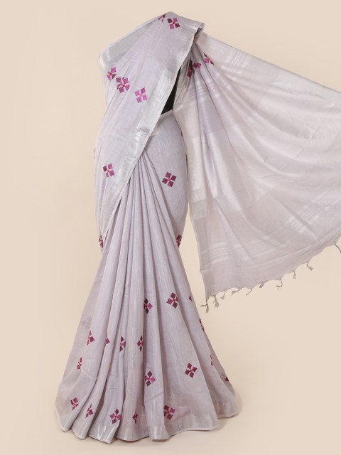 

Pothys Steel Embroidered Linen Blend Saree