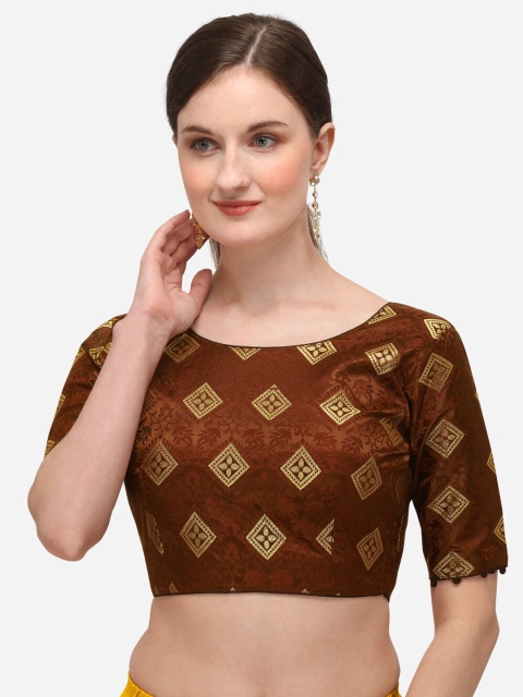 

Fab Dadu Women Brown & Golden-Colored Woven-Design Jacquard Saree Blouse