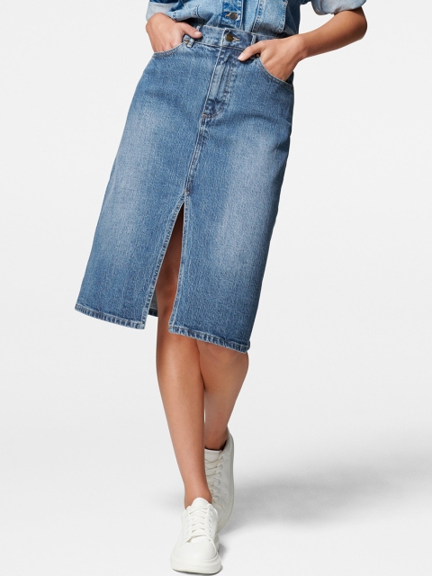 

Forever New Women Navy Blue Solid Denim Straight Knee-Length Skirt