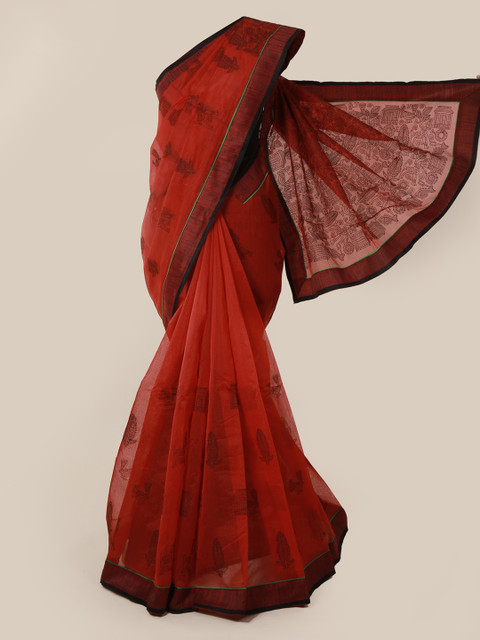

Pothys Red & Black Supernet Embroidered Saree