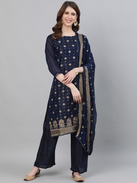 

Ishin Women Navy Blue Ethnic Motifs Chanderi Silk Kurta with Palazzo & With Dupatta