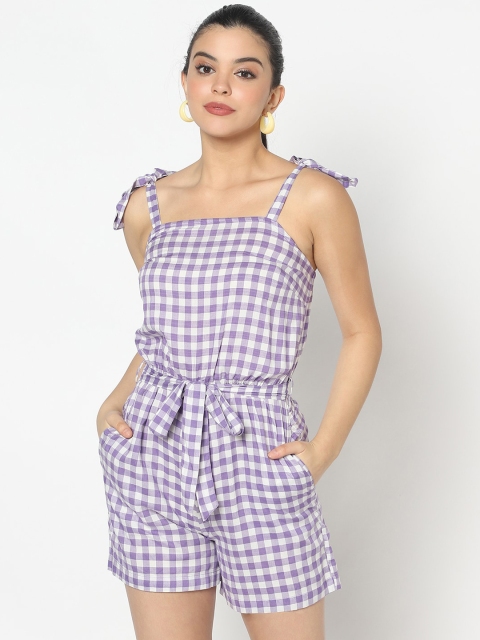 

SQew Women Purple & White Checked Playsuit
