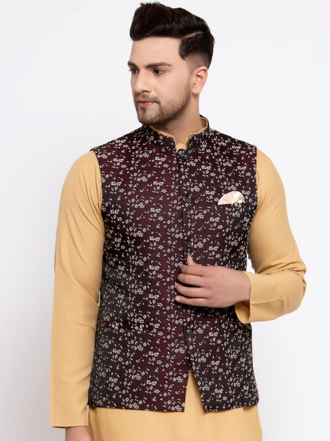 

MAXENCE Men Maroon & White Floral Printed Nehru Jacket