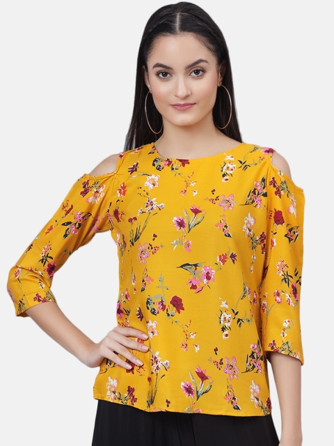 

Fashitale Women Yellow Floral Printed Cold-shoulder Sleeves Crepe Regular Top