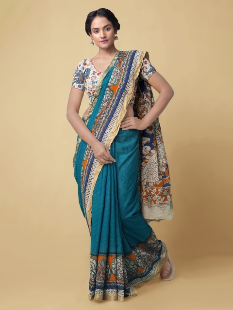 

Unnati Silks Blue Kalamkari Printed Pure Cotton Saree