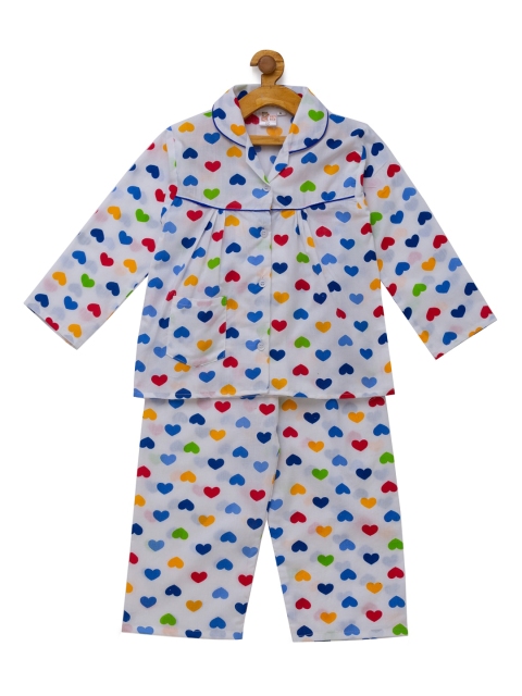 

Fuzzy Bear Girls White & Blue Printed Night suit