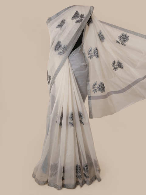 

Pothys White Embroidered Supernet Saree