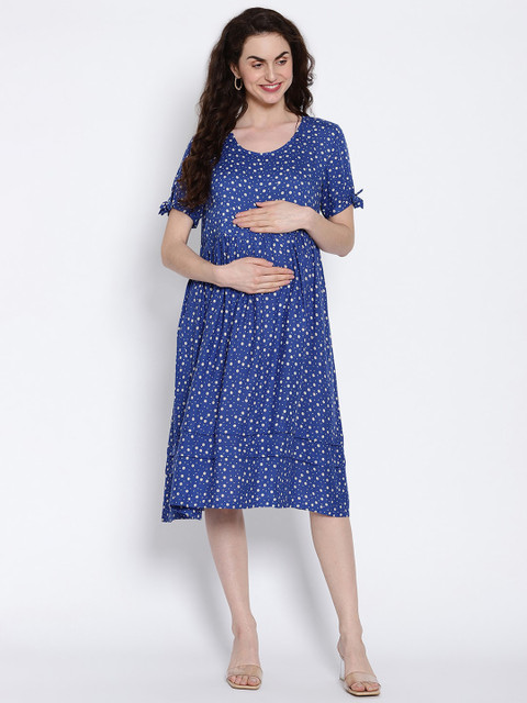 

The Vanca Women Blue Printed Fit and Flare Maternity Nursing Dress