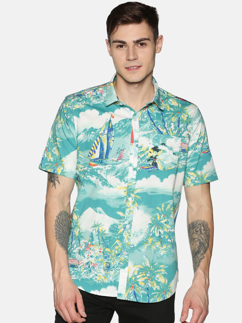 

Tusok Men Sea Green Regular Fit Printed Casual Shirt