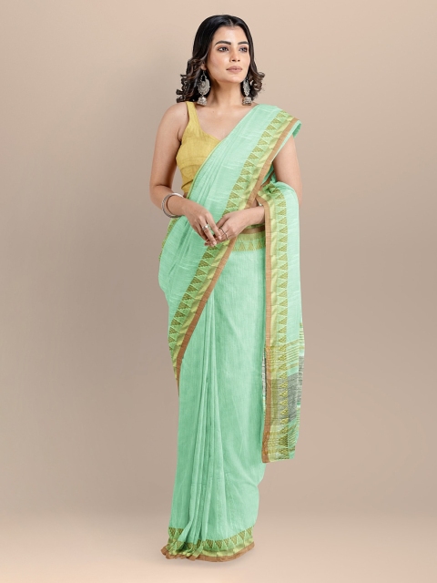 

BharatSthali Sea Green Pure Cotton Solid Maheshwari Saree