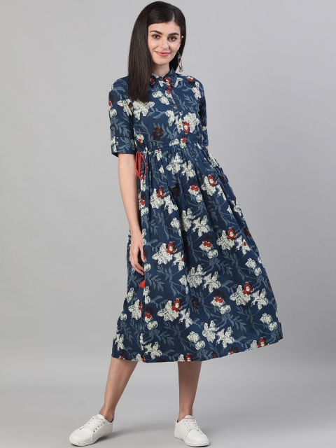 

AASI - HOUSE OF NAYO Women Navy Blue Floral Printed Fit & Flare Dress
