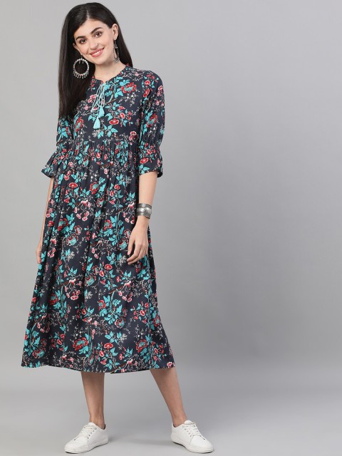 

AASI - HOUSE OF NAYO Women Black & Blue Floral Printed A-Line Dress