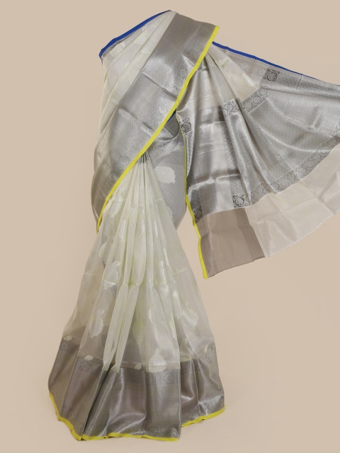 

Pothys White & Silver-Toned Cotton Blend Woven Design Saree