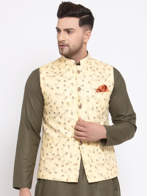 

MAXENCE Men Yellow Floral Printed Linen Nehru Jacket