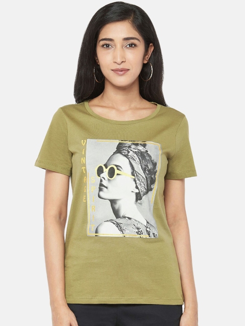 

Honey by Pantaloons Women Olive Green Printed Round Neck Pure Cotton T-shirt
