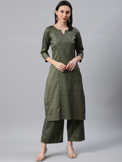 

ZIYAA Women Green Foil Printed Kurta with Palazzos