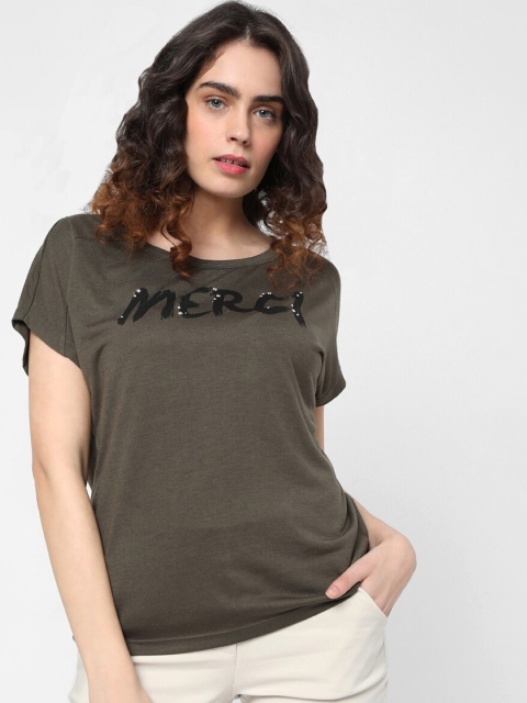 

Vero Moda Women Olive Green Printed Round Neck T-shirt