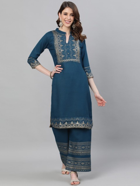 

Ishin Women Teal Blue & Golden Yoke Design Kurta with Palazzos