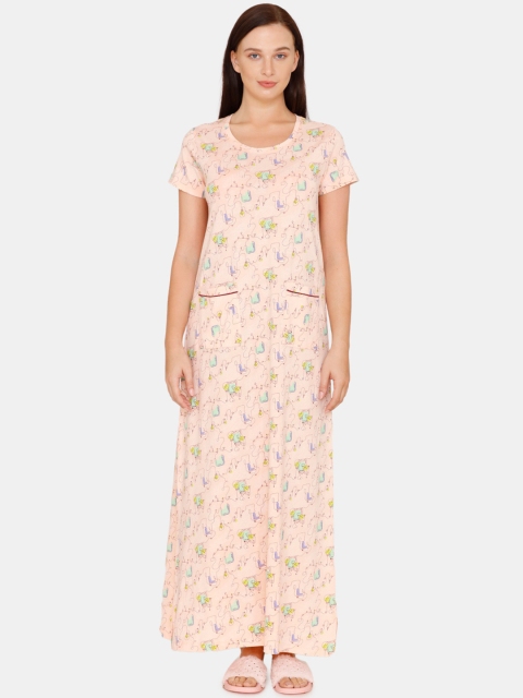 

Zivame Peach-Coloured & Purple Printed Nightdress