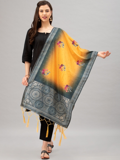 

Satrani Mustard Yellow & Grey Floral Digital Print Jacquard Dupatta