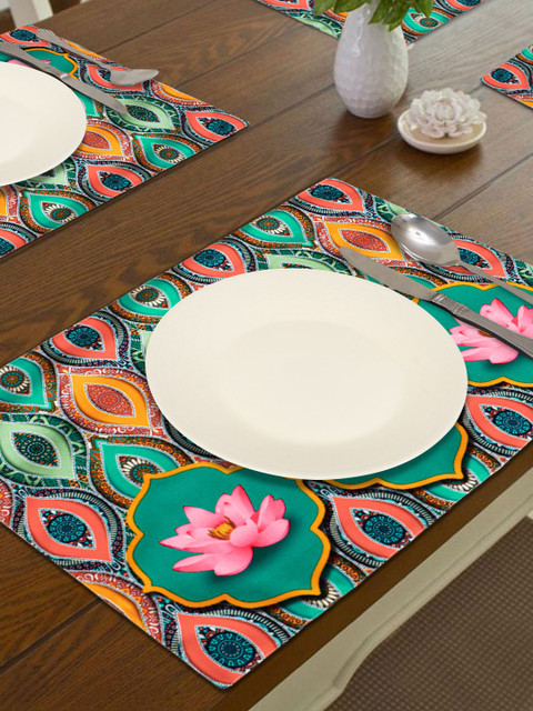 

HomeStorie Set Of 4 Green & Orange Digital Printed Rectangular Heat Resistant Table Placemats