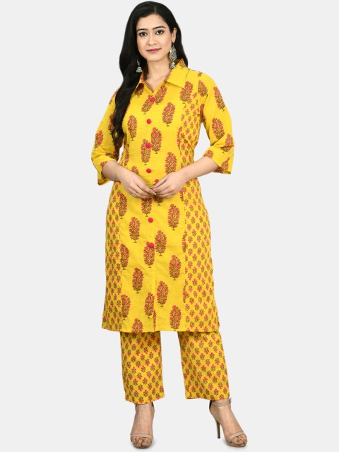 

Myshka Women Yellow Floral Printed Pure Cotton Kurta with Trousers