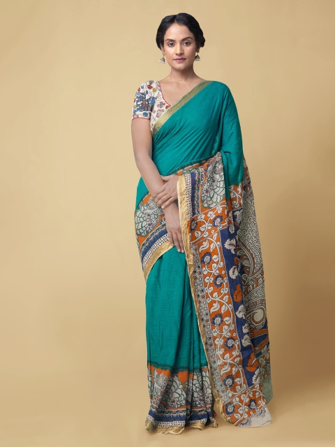 

Unnati Silks Teal Green & Blue Pure Cotton Printed Kanjeevaram Saree