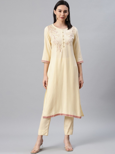 

ZIYAA Women Cream-Coloured Foil Print Straight Kurta And Trousers