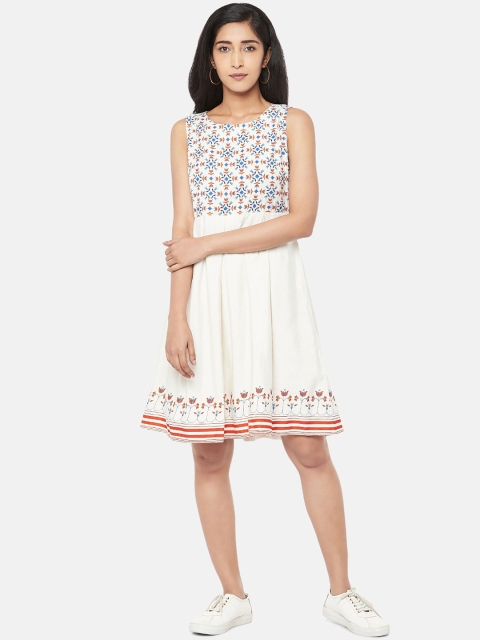 

People Women Beige Printed Fit and Flare Dress