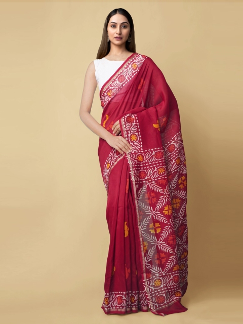 

Unnati Silks Red & Off-White Silk Cotton Printed Chanderi Saree