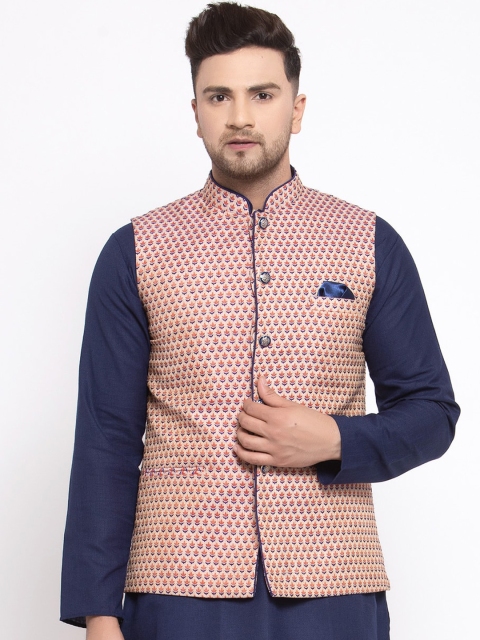 

MAXENCE Men Beige Woven Design Nehru Jacket