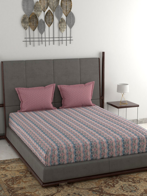 

Trident Pink & Blue Abstract 144 TC Cotton 1 Queen Bedsheet with 2 Pillow Covers