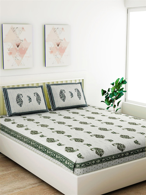 

Salona Bichona White & Green Jaipuri Printed 120 TC Cotton Queen Bedsheet 2 Pillow Covers
